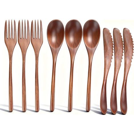 Ensemble de 9 pièces portable couverts Ensemble bois cuillère, fourchette, couteau pour cuisine, maison, café, restaurant (1/5)