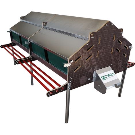 Pondoir collectif pour 240 poules – Système modulaire avec 2 pondoirs – Tapis roulant pour récupération des œufs – Parois en bois phénolique – Copele (1/5)