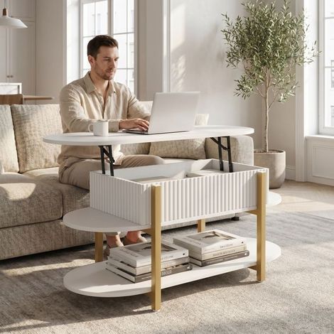 Table Basse de salon, Table basse Moderne avec Plateau Relevable, 106x45x50 cm, avec Rangement Ouvert et Compartiment Caché, Blanc (1/5)