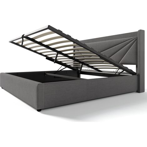 Stauraumbett 140 × 200 cm, Doppelbett mit USB, Typ-C und Geometrischem Kopfteil, ohne Matratze, Grau (1/5)