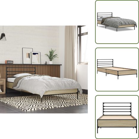 Bettgestell Sonoma-Eiche 100x200 cm Holzwerkstoff und Metall - Holzbettfassungen - Bettkopf - Doppelbett - Lattenrost - Eiche Möbel (1/5)