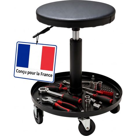 Relaxdays Tabouret d'atelier de montage, réglable, rangement, 5 roulettes, H x D 42-56 x 38 cm, métal, noir (1/5)