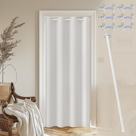 Rideau de Porte avec Tringle Extensible, Rideau Thermique Isolant Anti Froid avec Bouton Magnétique, Rideau sans Percage, Hauteur 195 x Largeur 132 cm, Blanc (1/5)