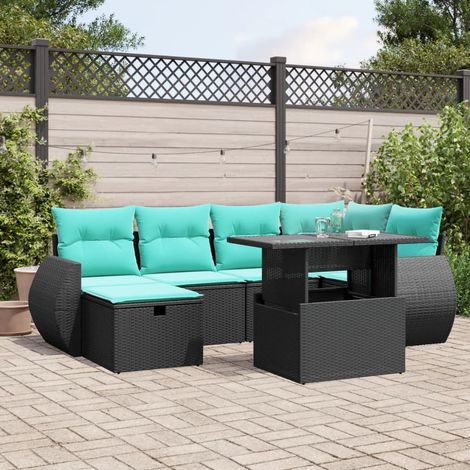 7-teiliges Gartensofa-Set mit Kissen, schwarzes Polyrattan (1/5)