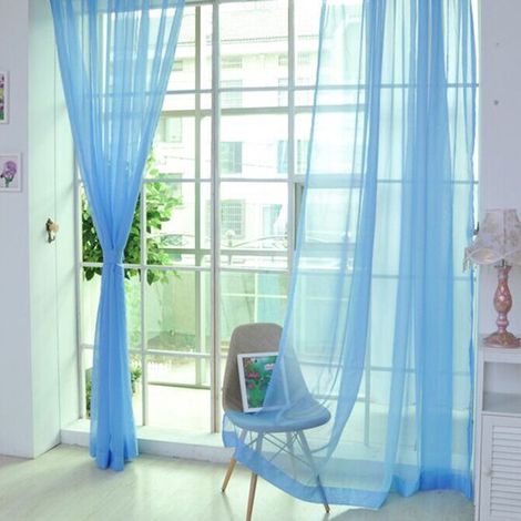 Rideaux transparents à deux panneaux pour le salon – bande plissée, ourlet lesté, tissu 100 % polyester, bleu ciel, 100 x 200 cm
