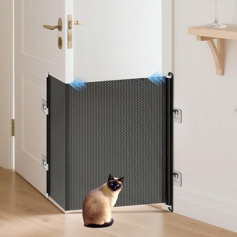 Barrière de protection de porte, sans perçage, 125 x 40 cm, pour enfants, chaton, maison de chiot, cour, garage, terrasse, allée, couloir, balcon - Noire (1/5)