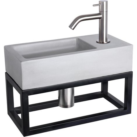 Differnz Ravo Set lave-mains 38.5x18.5x25cm 1 trou avec robinet courbé et siphon + bonde chrome mat Rectangulaire Béton Gris clair (1/5)
