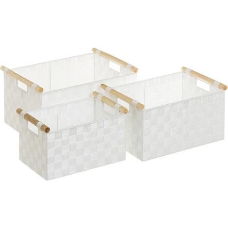 Lot 3 panier de rangement tressé avec poignée, caisse de rangement rectangulaire en polypropylène coloris blanc -JUANIO- (1/4)