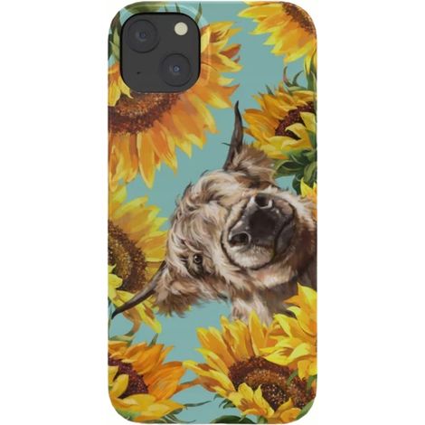 Custodia per iPhone 14 Plus con mucca delle Highlands e girasoli, blu