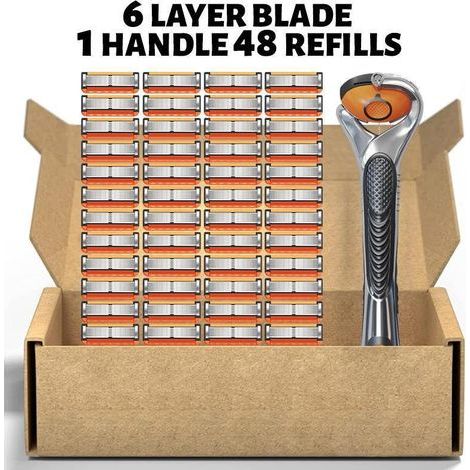 Rasoir manuel à 5 lames — Rasoir pour hommes de style classique avec tête pivotante(1 manche de rasoir + 48 cartouches de lames orange et noires + étui) (1/3)