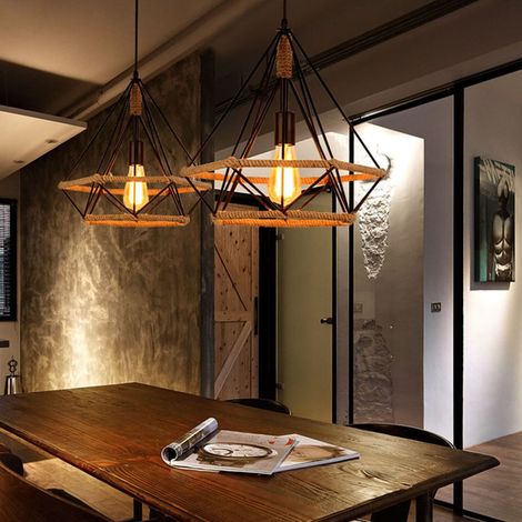 Lámpara Colgante Vintage, Cuerda de Cáñamo Lámparas de Techo con Jaula de Diamante, E27 Iluminación para Dormitorio Salon Comedor - 2 Luz (Negro) (1/5)