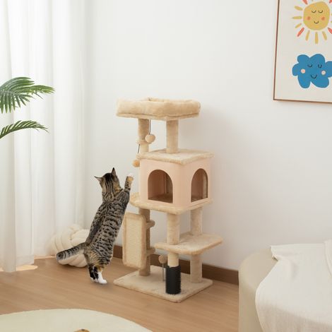 Katzenkratzbaum, 104 cm hoch, mit Plattformen, Bürstenstamm, Hängebällen und Kratzbrett, Beige
