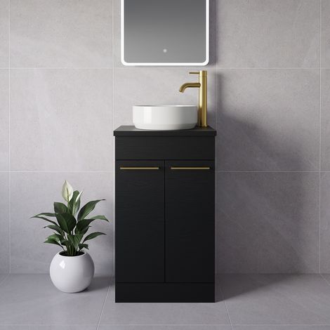Napoli 390 Nero Oak 500mm 2 Door Vanity Unit for Countertop Basins - 500mm - Brushed Brass 160mm Handle