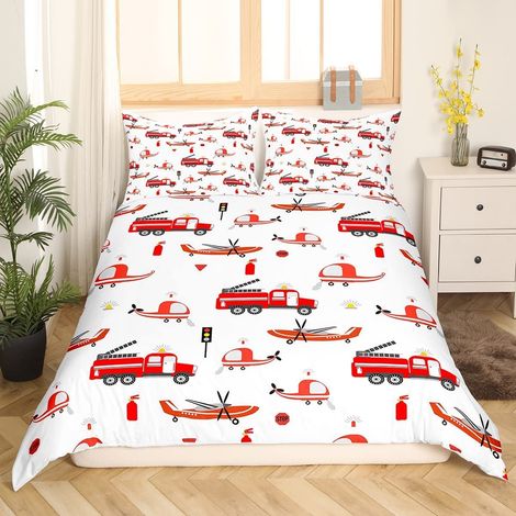 Lot de 2 housses de couette 135 x 200 cm, motif camion de pompier, camion de pompiers, rouge (1/5)