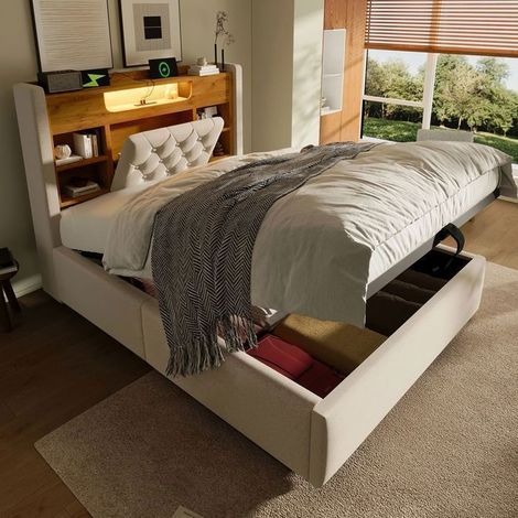 Lit Coffre 90x200 Beige avec LED et ports USB - Lit Rembourré - Tissu Lin Tête de Lit avec Étagère Grand Espace de Rangement Moderne (1/5)