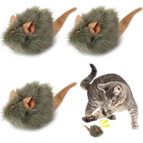 Souris interactives pour chat JeiibrZui - 14 x 4,5 cm - Lot de 3 - Gris - avec couinement - Peluche douce pour stimuler l'instinct de chasse et la motricité - Idéal pour les chats d'intérieur et les j (1/5)