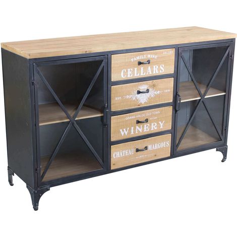 Mobile credenza madia da interno bar e pub con struttura in acciaio piano e 4 cassetti centrali in legno 2 ante laterali Linea Industrial (1/5)