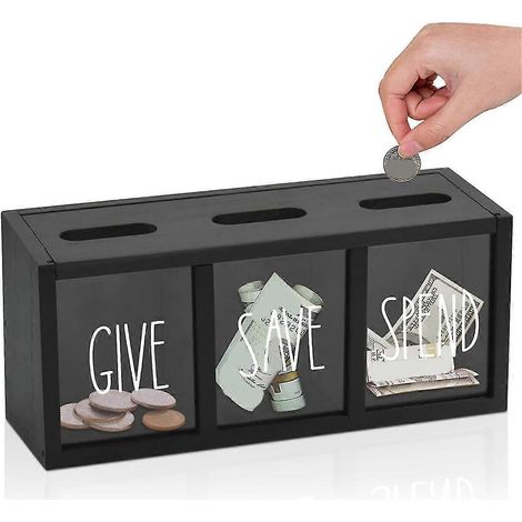 Salvadanaio in legno per bambini, con 3 scomparti per banconote e monete, da appendere al muro o da appoggiare su un tavolo. (1/5)