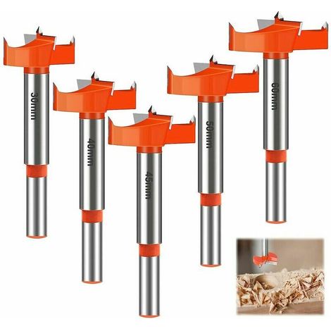 5 Pièces Mèches Bois, 30/40/45/50/60mm Fraises à Bois Carbure, Forets Meches a Bois, Queue Ronde Jeu de Forets, Drill Bits, pour Fai (1/5)