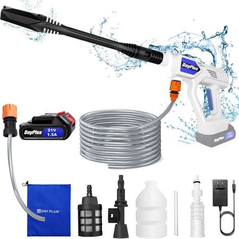 Nettoyeur haute pression sans fil, 21V 45 bar, équipé d ' 1 batterie et d'un chargeur rapide, d'un pistolet à mousse, d'une buse multifonction 6 en 1 et d'une buse rotative à 180°, adapté au nettoyage