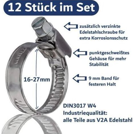 12 colliers de serrage metallique inox 16-25mm – colliers serrage professionnels en acier inoxydable V2A pour machine à laver, lave-vaisselle pinces de tuyau 16-25 mm (1/5)
