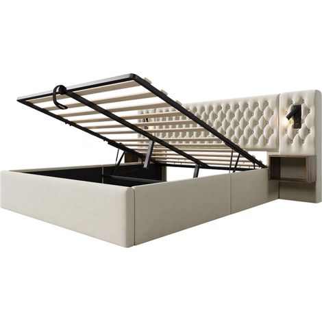 Letto contenitore 160 x 200 cm con 2 comodini, LED, USB-C, velluto beige, HOMVRA (1/5)