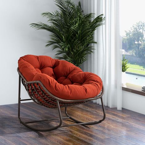 Silla mecedora de exterior en ratán sintético, cojín acolchado, naranja DESVIAE (1/5)