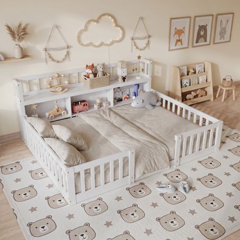 BLANKETSWARM - Lit simple enfant au sol 140×200cm en bois de pin massif, Lit montessori avec bibliothèque - barrière de sécurité - sans matelas, Blanc