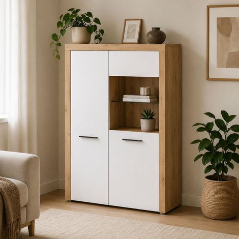 Vitrine Lohalime, Ausstellungsregal mit 6 Böden, 2 Türen, Glaselemente, LED nicht enthalten, 100x42x147h cm Weiß (1/4)