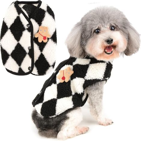 Veste polaire duveteuse à carreaux pour petit chien, vêtement pour animaux de compagnie, convient aux petits chiens et chats, noir, taille M (1/5)