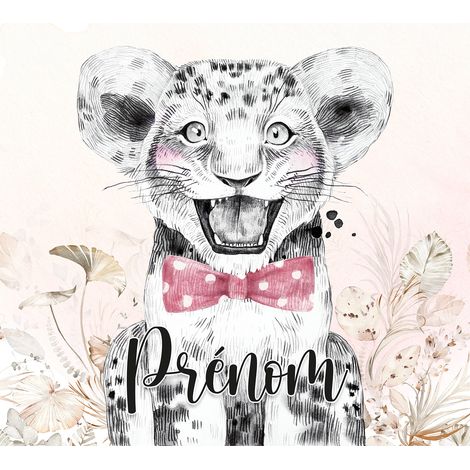 Papier peint panoramique enfant avec prénom personnalisable - Lion Nœud Papillon - 130 cm x 117 cm (1/2)