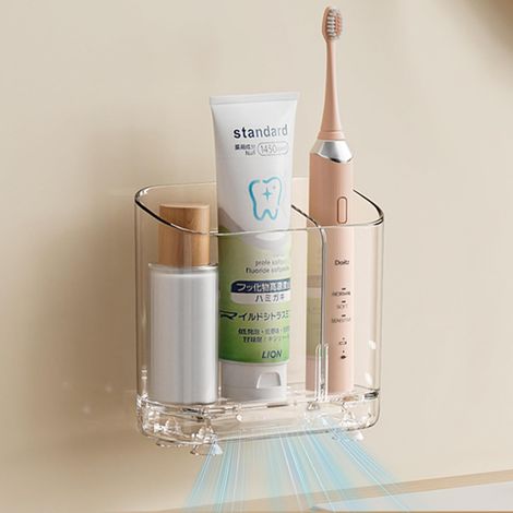 Porte-brosse mural transparent avec séparateur, amovible et à écoulement, pour brosse électrique et dentifrice. (1/5)
