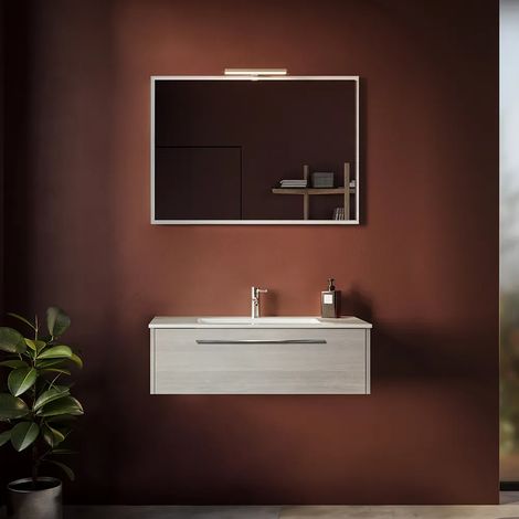 Mobile da Bagno Sospeso 100cm Rovere Cenere un Cassetto soft-close con Lavabo Incluso e Specchio Inclusi Mod.Aoki (1/2)