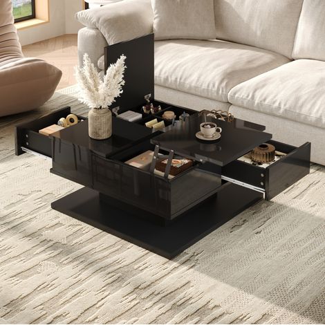 Tavolino da caffè 72/72/35 cm nero lucido con piano sollevabile, LED e cassetti (1/5)