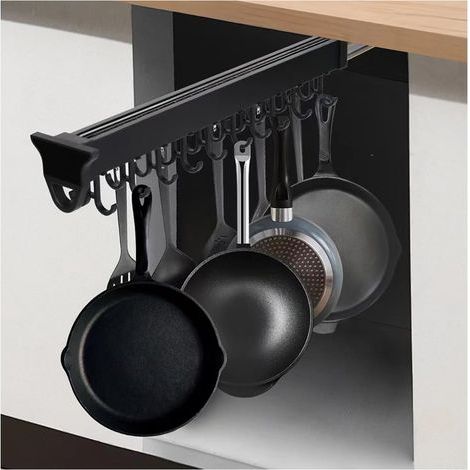 Support suspendu pour casseroles avec 10 crochets, 56 cm (22 po), coulissant, avec rail coulissant. Organisateur de casseroles et poêles réglable. Rangement pratique pour la cuisine, le placard ou l'a (1/5)