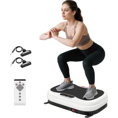 Plateforme vibrante avec 50 vitesses, 3 programmes, LED, télécommande et bandes élastiques, équipement fitness design sobre pour maison pratique et complet