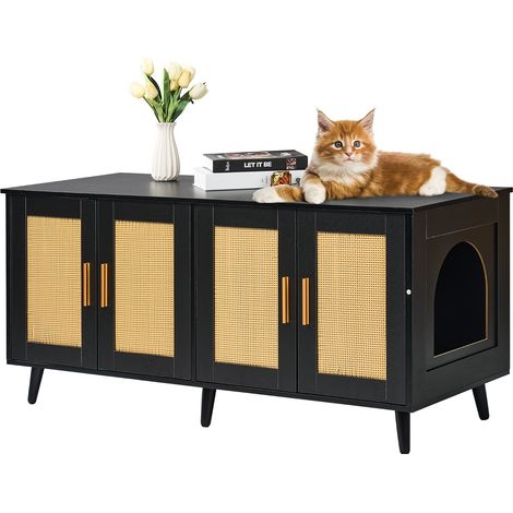 4 portes, meuble cache litière pour 2 chats, maison de toilette en bois noir avec fenêtres en rotin (1/5)