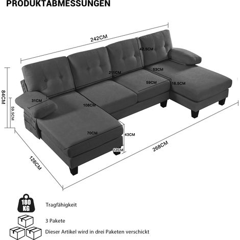 Canapé d'angle U 4 assises avec méridienne, canapé convertible moderne en chenille, dossier inclinable, canapé invité pour salon et bureau, gris