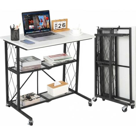 Bureau informatique pliable mobile 3 niveaux avec roulettes, étagères métalliques chambre cuisine salon, Blanc (1/5)