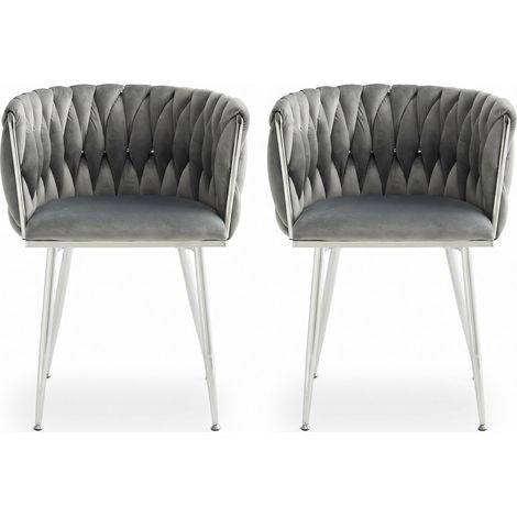 FurnitureR Lot de 2 chaises à manger grises, métal, Velours gris, dossier tressé enveloppant et pieds métal argentés offrent confort, stabilité et style (1/5)