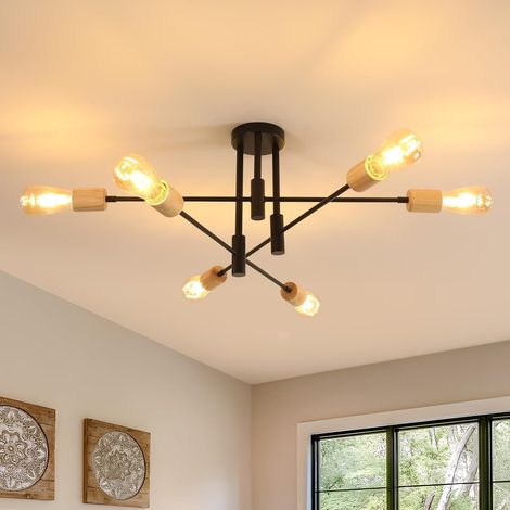 Industrielle 6-flammige Deckenleuchte – Metall und Holz – 180° verstellbare Arme – Wohnzimmer, Küche, Schlafzimmer – Schwarz, 72 cm (1/5)