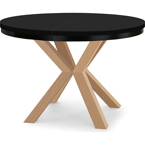 Table à manger ronde extensible RAL avec cerclage métallique, diamètre : 100 / 200 cm, couleur : noir / hêtre naturel