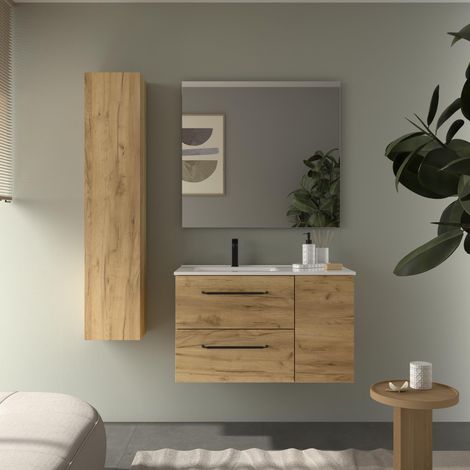 Meuble de salle de bain MORAI PLUS 90cm Chêne Vasque Porcelaine Robinet à gauche 1P (1/5)