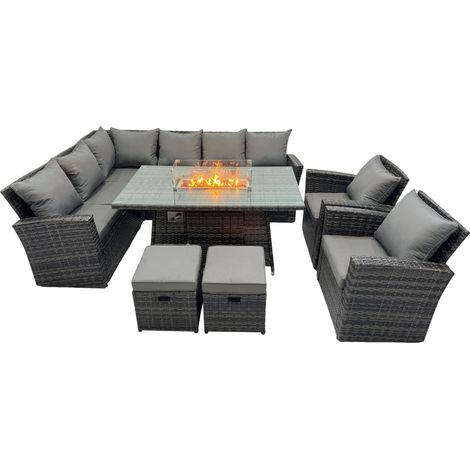 Fimous Poly Rattan Outdoor Patio Gas Firpit Dining Table Corner Sofa Set with 2 Small Stools 2 Chairs for Garden Backyard Dark Grey Mixed (1/5)