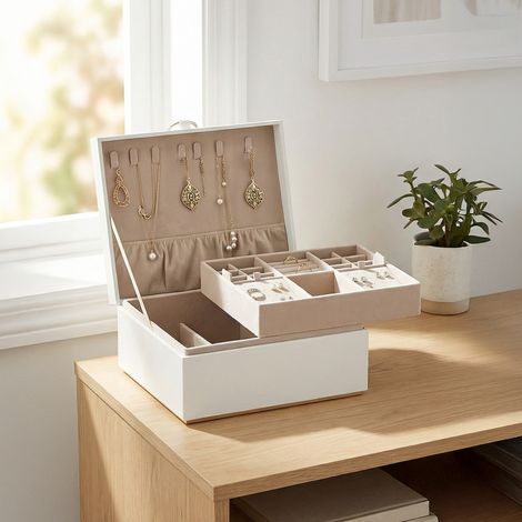 Coffret à Bijoux 2 Étages, Rangement Accessoires avec Plateau Amovible, Poignée, pour Chambre, Blanc (1/5)