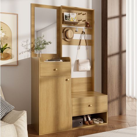 MEUBLIV Vestiaire d'entrée 105x38x180 cm bois – avec miroir, crochets et rangement (1/5)