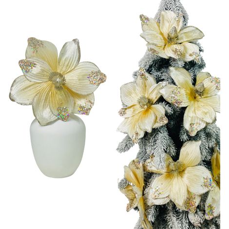 Cremefarbene Magnolie auf einer Spitze, verziert mit Glitzer und Pailletten - Blumen für einen Weihnachtsbaum 28 cm (1/5)