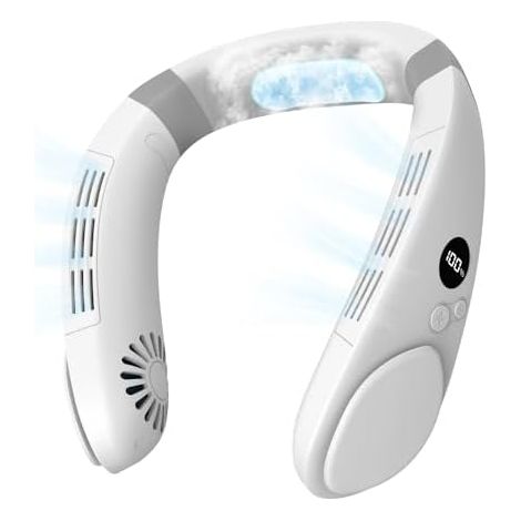 6000 mAh Hals-Ventilator mit Kühlplatte, Kaltkompresse, blattlos, tragbar, leise, Klimaanlage, wiederaufladbar, Urlaubs-Essentials für Damen, Herren, Reisen, Camping, Outdoor (weiß) (1/5)