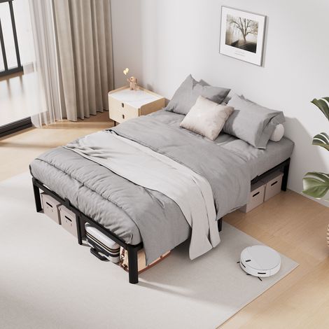 Doppelbett aus Metall 140x190 cm, Bettrahmen für Erwachsene mit Stauraum. 14 Metalllattenrost, 9 Füße, schwarz, robust und geräuscharm