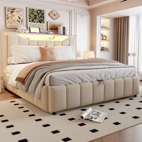 Cama tapizada 140/200 cm beige con almacenaje, LED, USB y USB-C, diseño moderno (1/5)